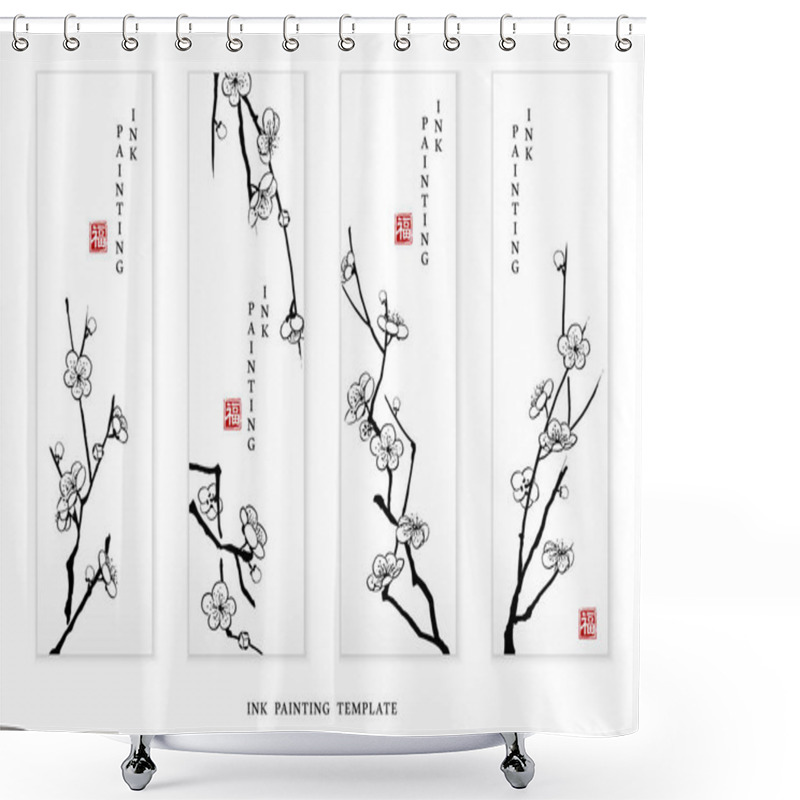 Personality  Watercolor Ink Paint Art Vector Texture Illustration Cherry Blossom Flower Branch Banner. Translation For The Chinese Word : Blessing Shower Curtains