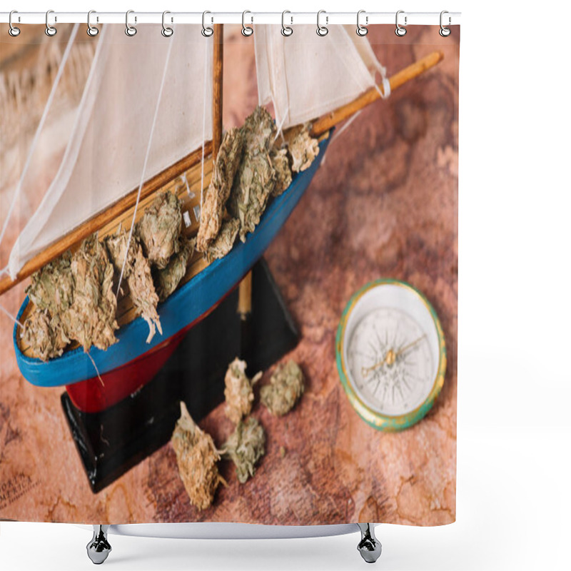 Personality  Decorative Ship With Dry Plant Lumps Near Compass On Old World Map Shower Curtains