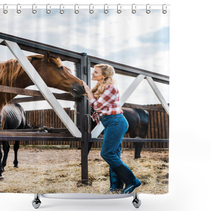 Personality  Side View Of Attractive Smiling Farmer Palming Horse In Stable  Shower Curtains