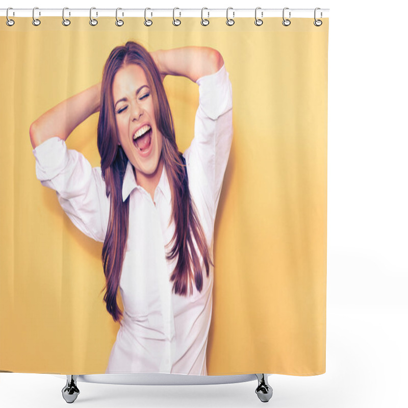 Personality  Happy Emotional Business Woman Portrait . Shower Curtains