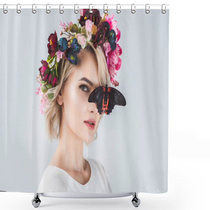 Personality  Beautiful Young Woman Posing In Floral Wreath With Butterfly, Isolated On Grey Shower Curtains