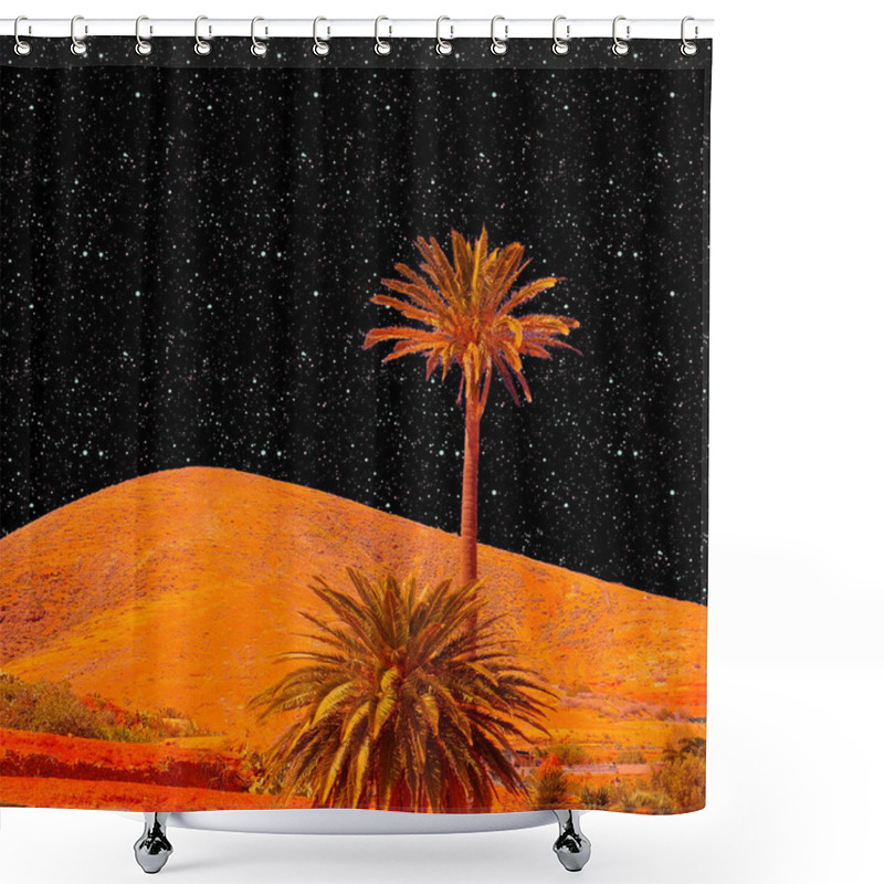 Personality  Contemporary Minimal Collage Art. Mix Of Photos And Texture Illustrations. Surreal Mountains Palm Tropical Cosmic Landscape Shower Curtains