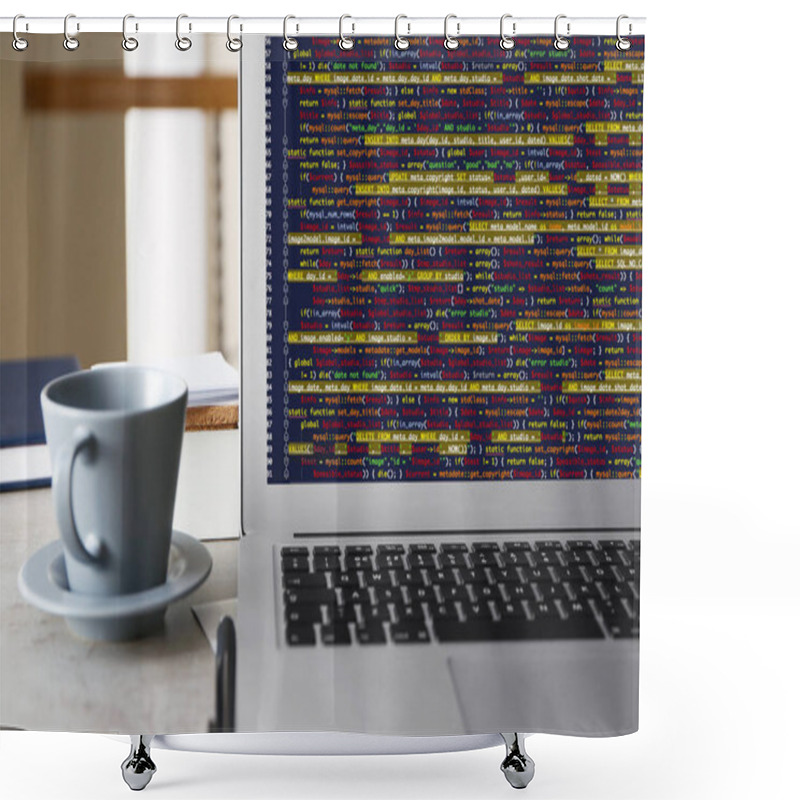 Personality  Laptop Of Programmer With Script Code Shower Curtains