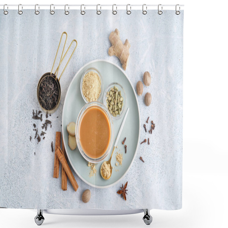 Personality  Glass Of Tasty Masala Tea With Different Spices On Light Background Shower Curtains