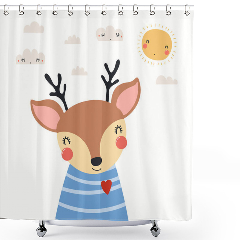 Personality  Hand Drawn Portrait Of Cute Deer In Striped Shirt With Sun And Clouds. Scandinavian Style Flat Design. Concept For Children Print. Shower Curtains