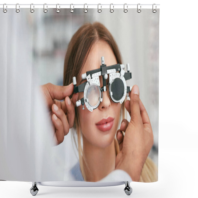 Personality  Eye Exam. Woman In Glasses Checking Eyesight At Clinic Shower Curtains