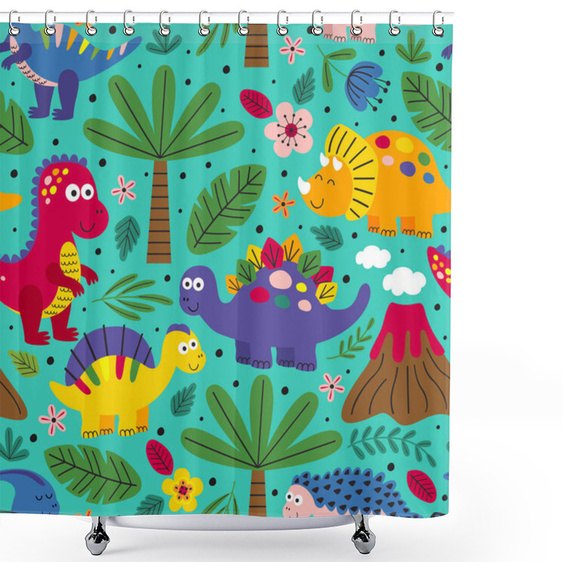 Personality  Blue Seamless Pattern With Friendly Dinosaurs  - Vector Illustration, Eps Shower Curtains