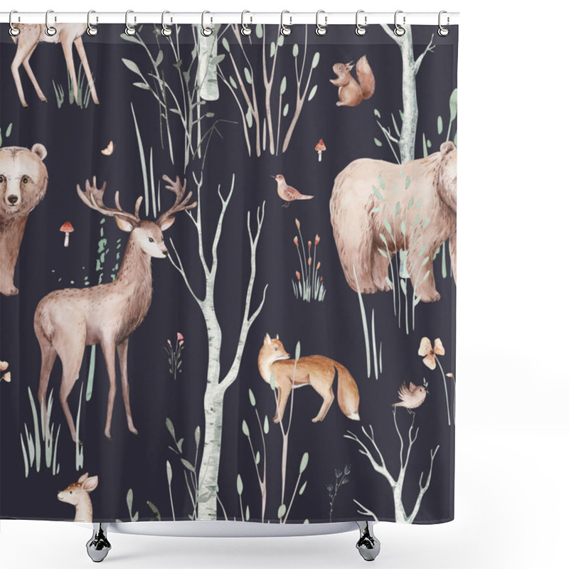 Personality  Watercolor Woodland Animals Seamless Pattern. Fabric Wallpaper Forest With Baby Deer , Owl, Fox And Butterfly, Bunny Rabbit Set Of Forest, Bear And Bird Baby Animal Nursery Shower Curtains