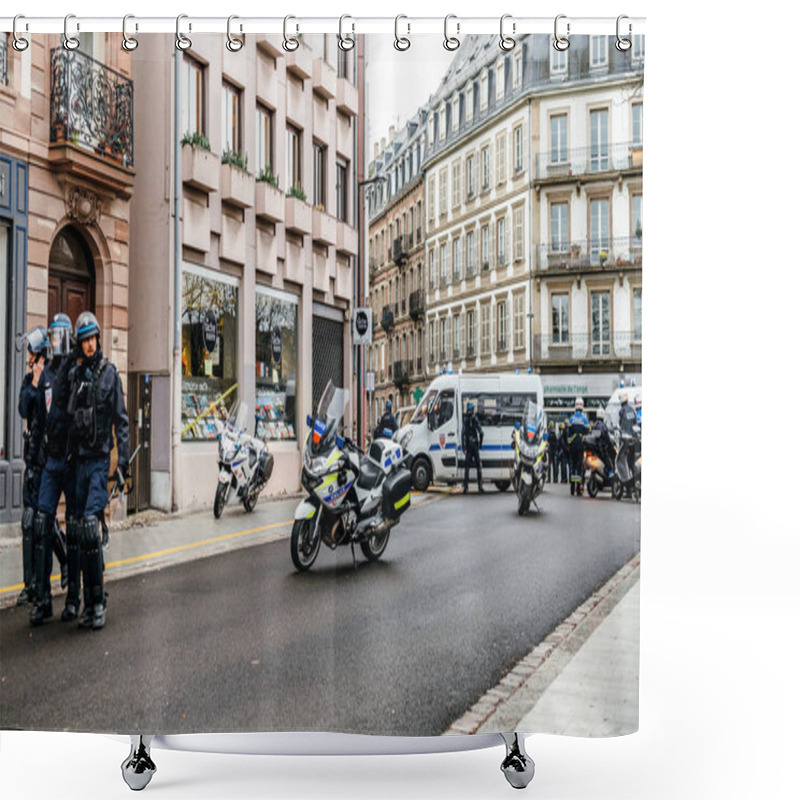 Personality  Rear View Of CRS French Police On Street At Yellow Jacket Moveme Shower Curtains