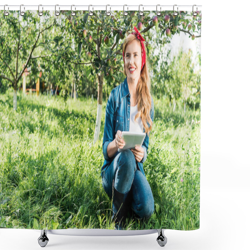 Personality  Attractive Farmer Squatting And Holding Tablet In Apple Garden At Farm Shower Curtains