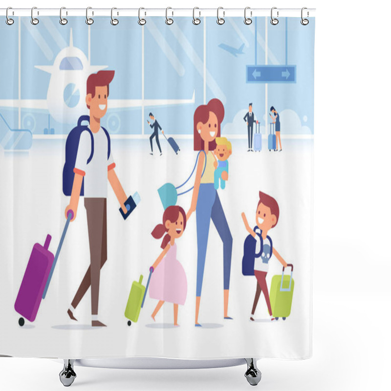 Personality  Happy Family Travel Together. Parents With Children At The Airport. Flat Vector Illustration.  Character Design. Shower Curtains