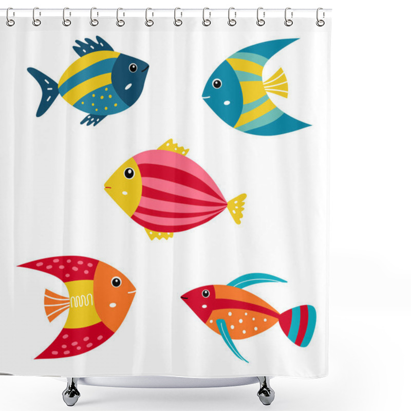 Personality  Cute Cartoon Aquarium Fish. Set Of Tropical Marine Fishes. Baby Kids Collection. Vector Illustration Shower Curtains