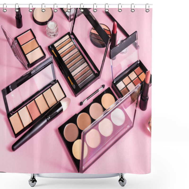 Personality  Blush And Eye Shadow Palettes Near Cosmetic Brushes And Lipsticks On Pink Shower Curtains