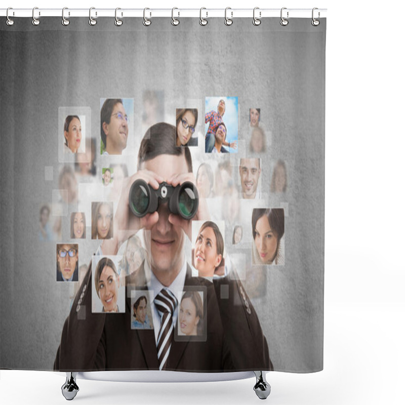 Personality  Business Man Looking For Employees Through Binoculars. Shower Curtains