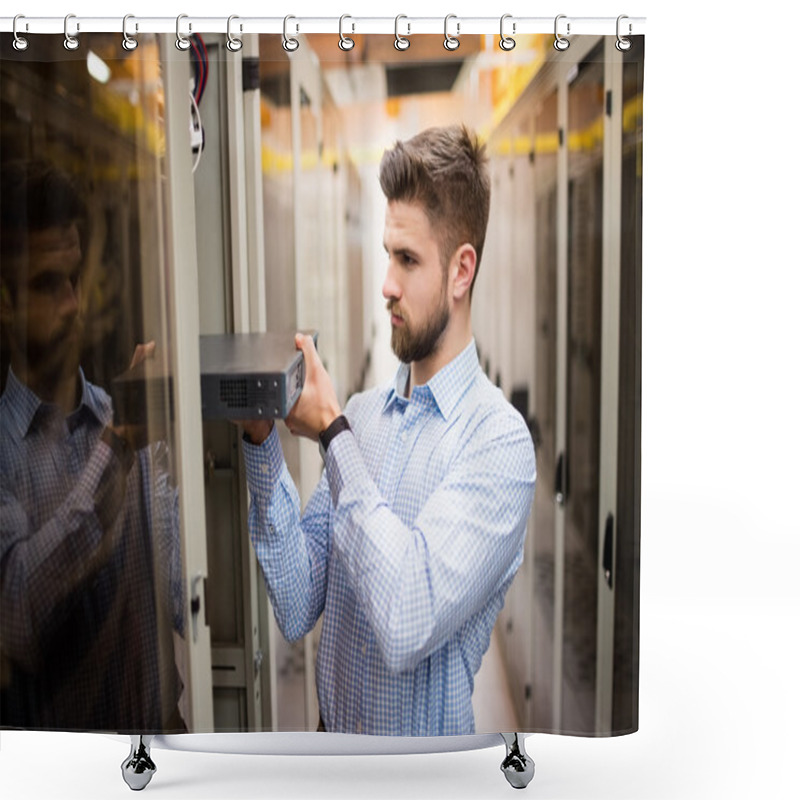 Personality  Technician Removing Server From Rack Shower Curtains