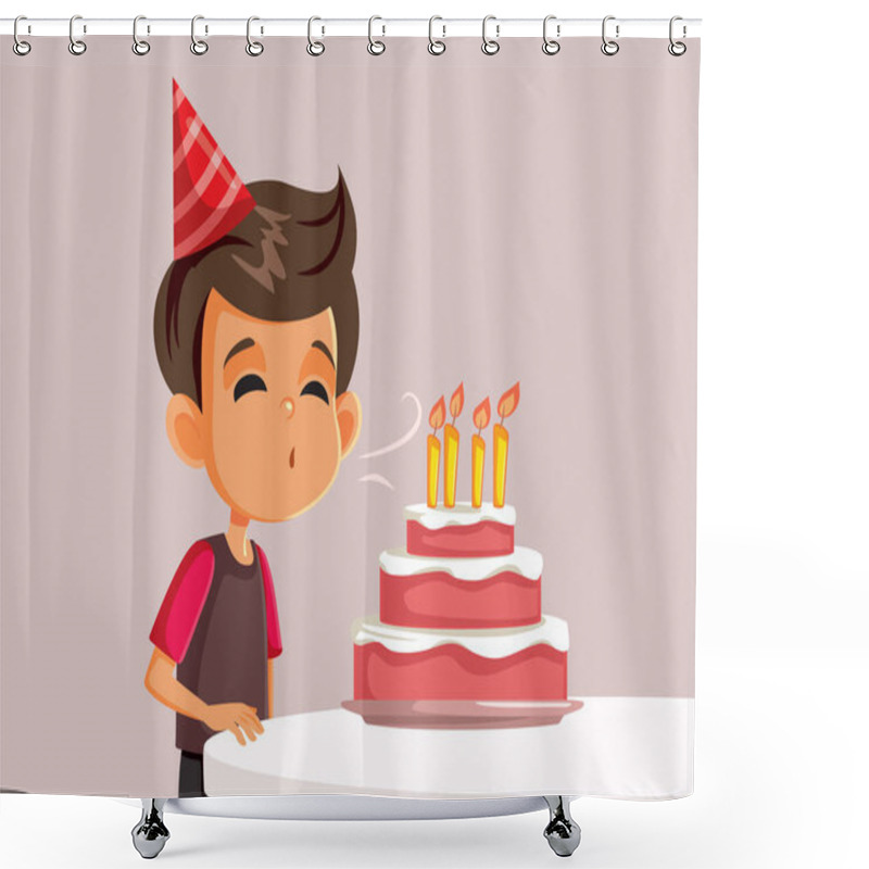 Personality  Little Birthday Boy Blowing Candles On A Cake Vector Illustration Shower Curtains