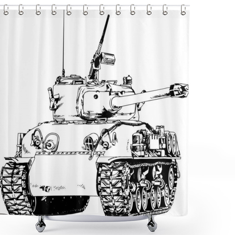 Personality  Powerful Tank With A Gun Drawn In Ink Freehand Sketch Shower Curtains