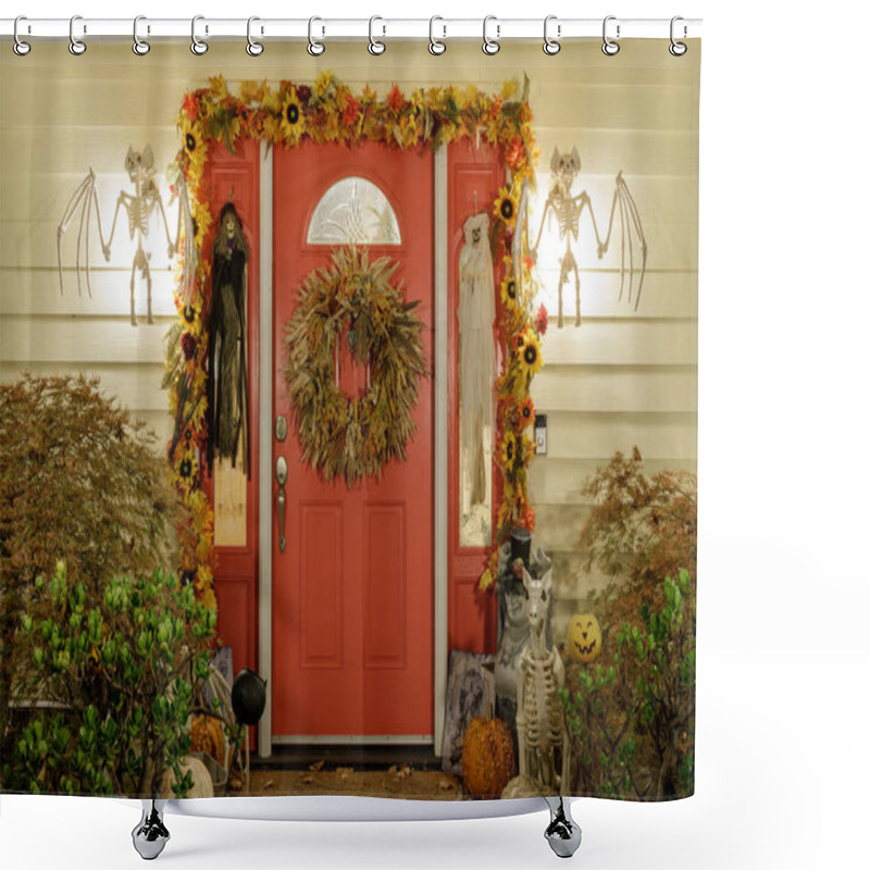 Personality  House Entrance Decorated For Halloween Shower Curtains