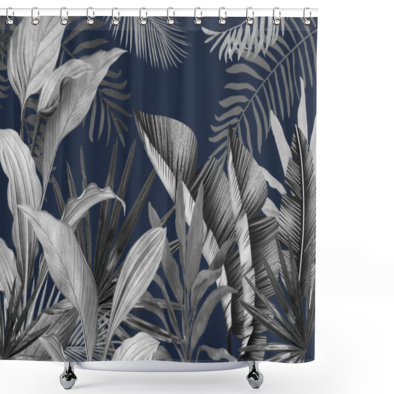 Personality  Mural For The Walls. Photo Wallpapers For The Room. Tropical Leaves On A Blu Background In The Grunge Style. Shower Curtains