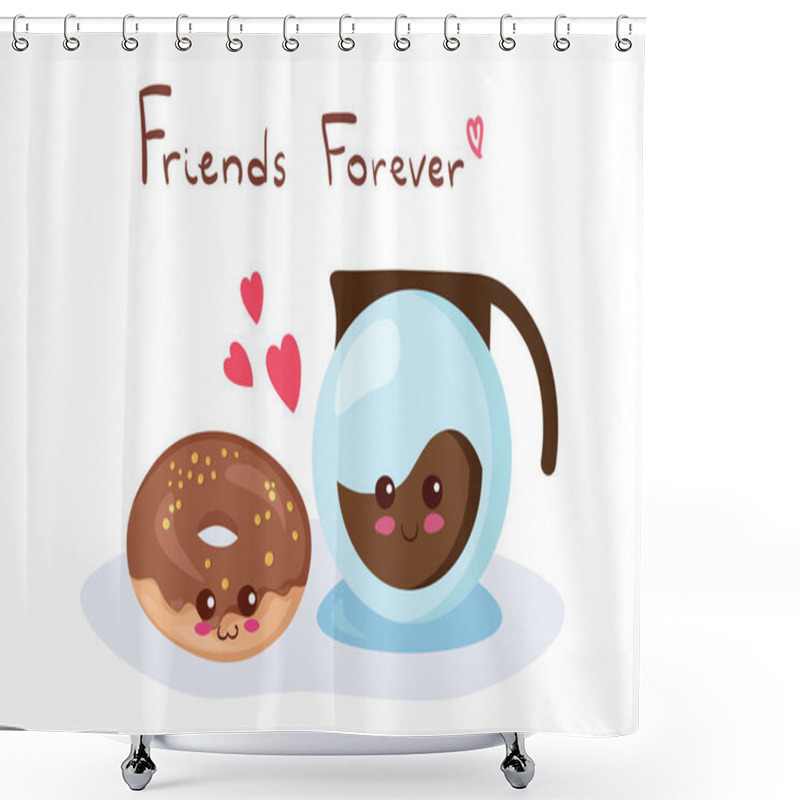 Personality  Cute Stock Vector Illustration With Coffee Pot & Donut. Kawaii Happy Smiling Food Characters Isolated On White With Lettering. Funny Dessert Doodle. Use For T-shirt Print, Kids Menu Design, Post Card. Shower Curtains