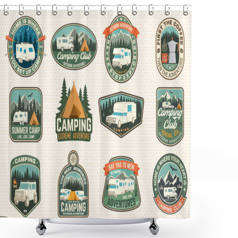 Personality  Set Of Rv Camping Badges, Patches. Vector. Concept For Shirt Or Logo, Print, Stamp Or Tee. Vintage Typography Design With RV Motorhome, Camping Trailer And Off-road Car Silhouette. Shower Curtains