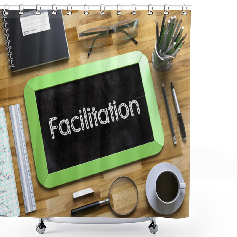 Personality  Facilitation - Text On Small Chalkboard. 3D. Shower Curtains