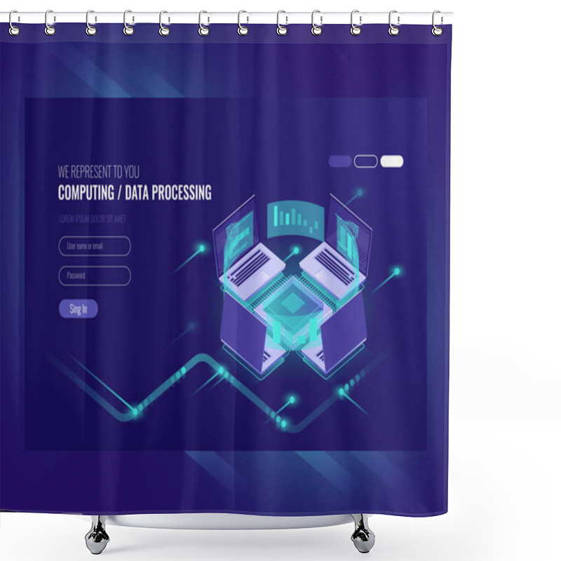 Personality  Big Data Processing And Calculating Process, Server Room, Web Hosting Vps Server Room, Database Isometric Vector Dark Neon Shower Curtains