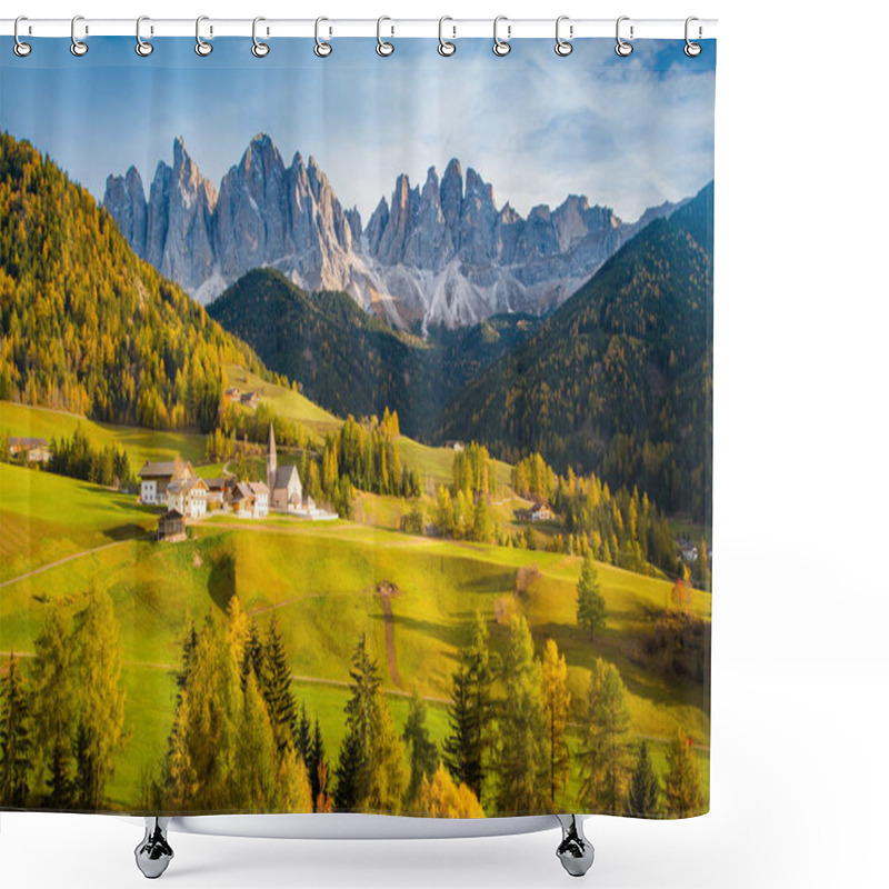 Personality  Beautiful View Of Idyllic Mountain Scenery In The Dolomites With Famous Santa Maddelana Mountain Village In Beautiful Golden Evening Light At Sunset In Fall, Val Di Funes, South Tyrol, Northern Italy. Shower Curtains