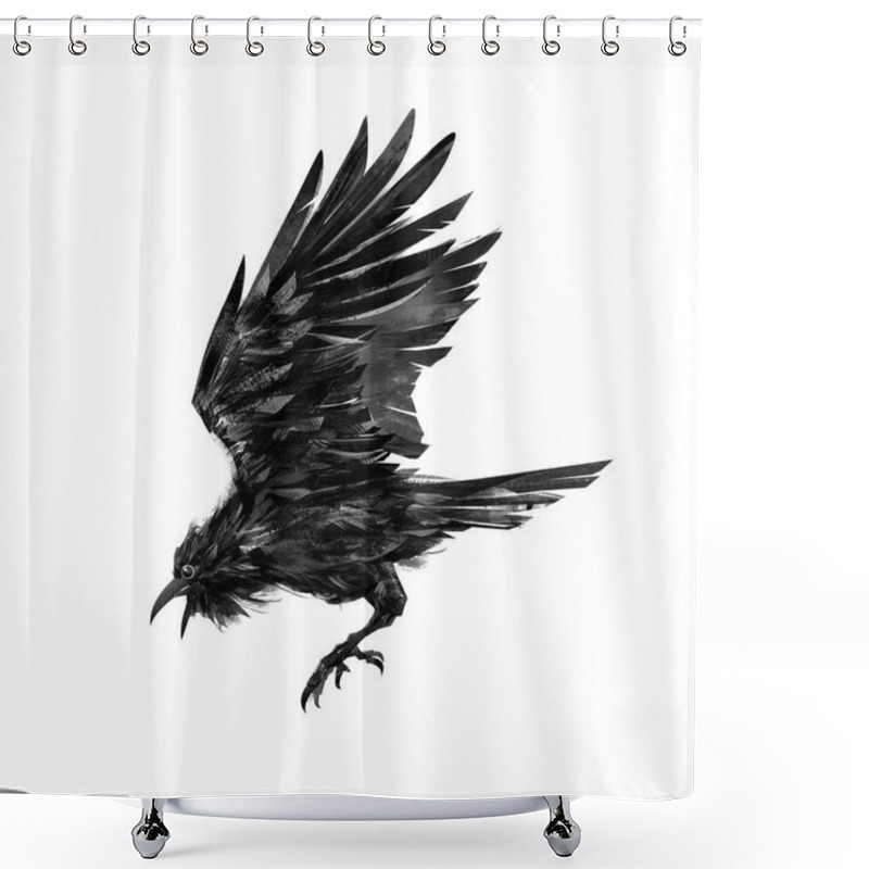 Personality  Painted Flying Raven Bird On White Background Shower Curtains