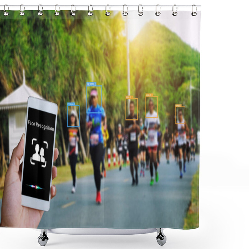 Personality  Face Recognition, Face Detect And Deep Learning Concept. Application On Mobile Phone Screen. Shower Curtains