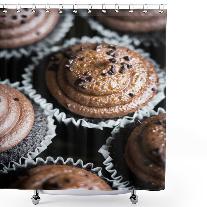 Personality  Chocolate Cupcakes On Rustic Wooden Background Shower Curtains