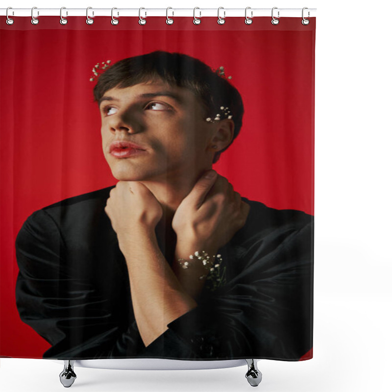 Personality  Dreamy Young Man In Velvet Blazer With Flowers In Hair Looking Up And Touching Neck On Red Backdrop Shower Curtains