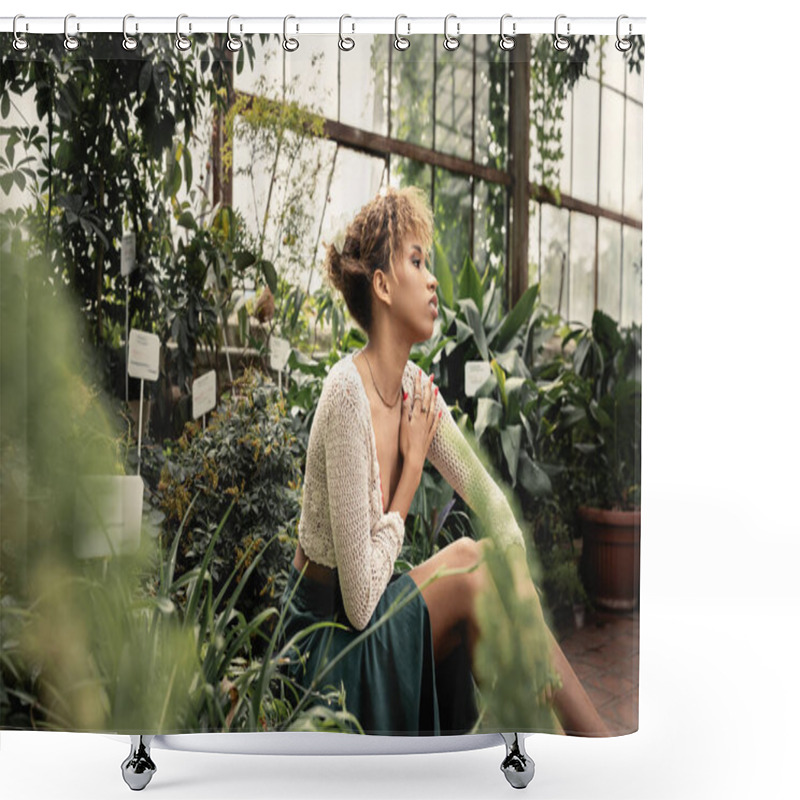 Personality  Young African American Woman In Stylish Summer Outfit Resting While Sitting Near Green Plants At Background In Indoor Garden, Fashion-forward Lady In Midst Of Tropical Greenery, Summer Concept Shower Curtains