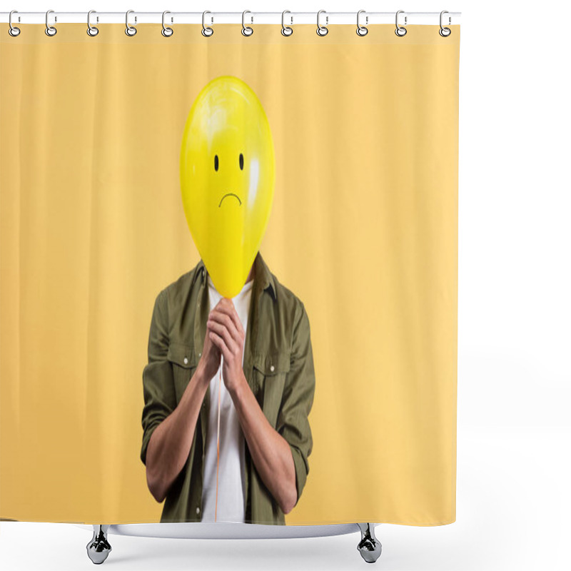 Personality  Young Man Holding Sad Balloon In Front Of Face, Isolated On Yellow Shower Curtains