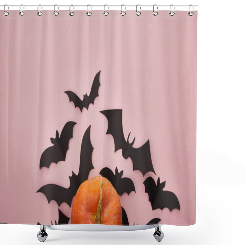 Personality  Top View Of Pumpkin And Paper Bats On Pink Background, Halloween Decoration Shower Curtains