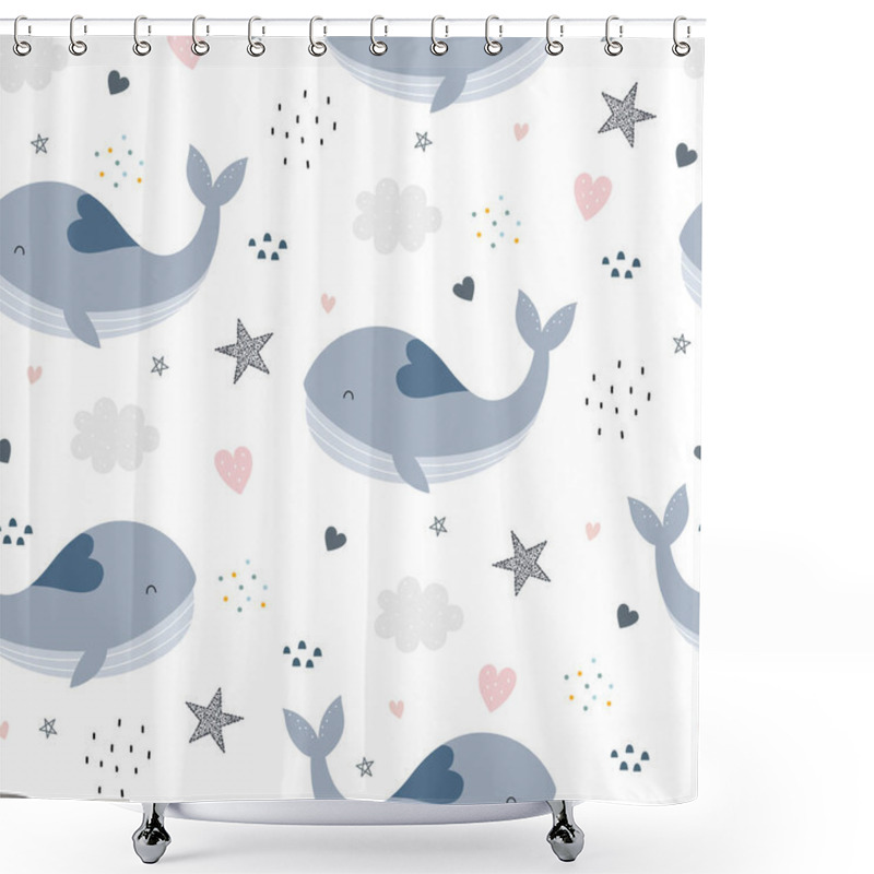 Personality  Blue Whale With Stars And Heart Seamless Pattern The Design Used For Fabric Pattern, Textile, Print, Wallpaper, Wrapping Paper Vector Illustration On White Background Shower Curtains