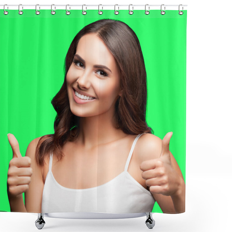 Personality  Woman Showing Thumbs Up Gesture, On Green Chroma Key Background Shower Curtains