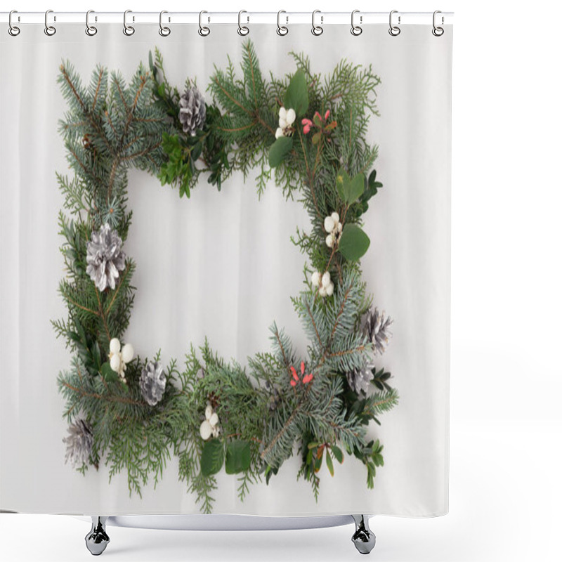 Personality  Christmas Frame With Mistletoe And Pine Cones Shower Curtains