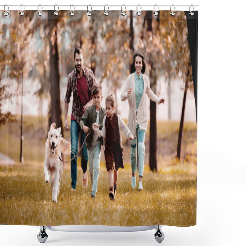 Personality  Smiling Family With Labrador Running On Meadow In Autumn Park  Shower Curtains