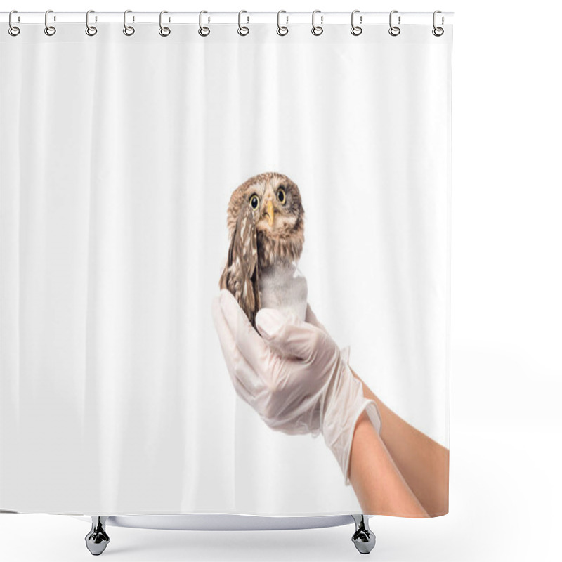 Personality  Partial View Of Veterinarian Holding Wild Injured Owl Isolated On White Shower Curtains