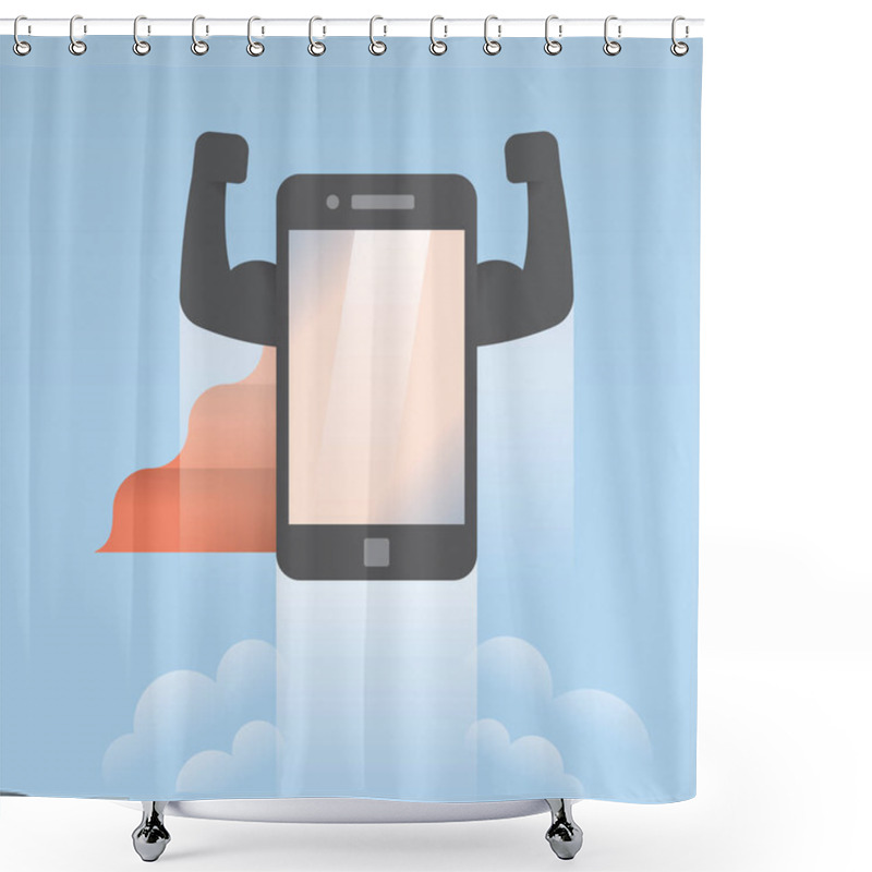 Personality  Super Hero Dressed Mobile Smartphone With Red Cloak Flying High Sky. Abstract Unusual Concepts: Succersful Mobile Technologies, Market Competition, New Gadgets Models, Hardware, Software Power, Speed Shower Curtains