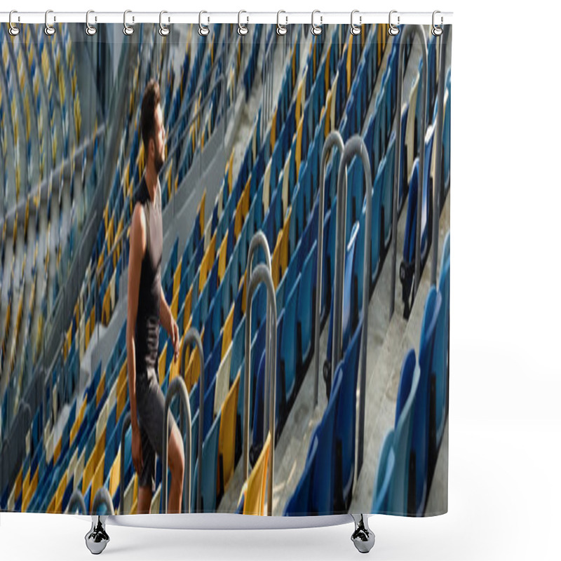 Personality  Young Sportsman Walking On Stairs Among Seats At Stadium, Panoramic Shot Shower Curtains