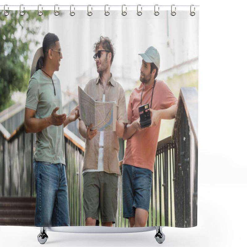 Personality  Smiling African American Man Gesturing While Talking To Friend Holding Travel Map On Stairs Of Urban Street Shower Curtains