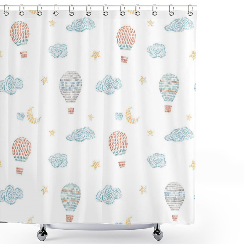 Personality  Watercolor Seamless Pattern With Air Baloons, Sky, Clouds, Stars, In Cute Baby Stitch Embroidery Style. Ready Print For Wallpapers In Childroom. Shower Curtains