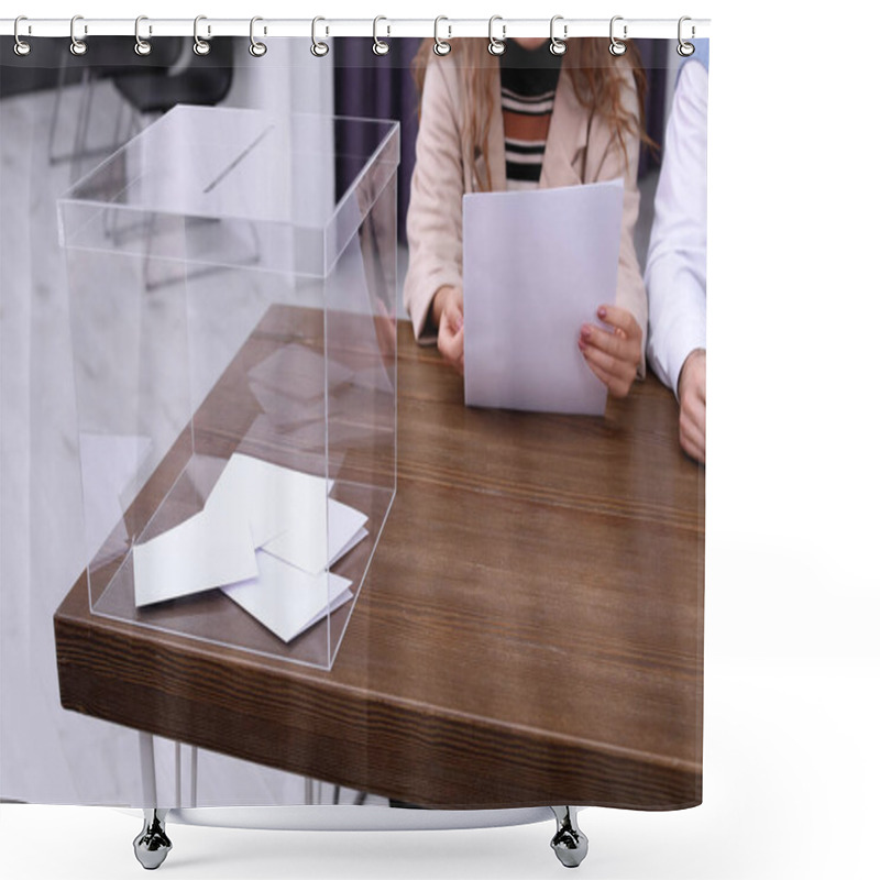 Personality  Polling Station Workers At Table With Ballot Box Shower Curtains