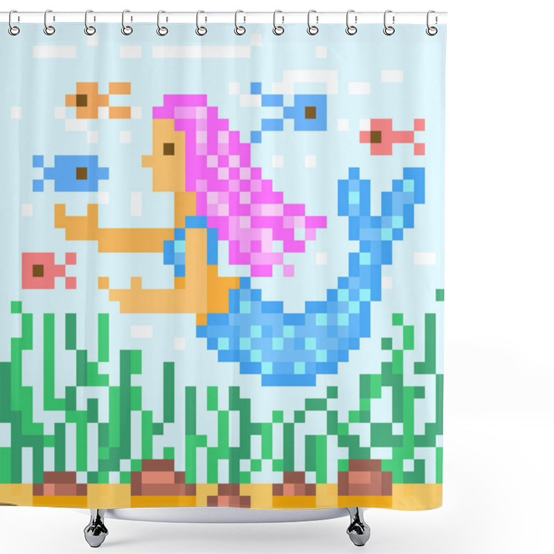 Personality  Little Mermaid With Pink Hair Swimming With Fishes Underwater, Pixel Art Character. Magic Water Nymph, Cartoon Fantasy Girl. Old School 8 Bit Slot Machine Pictogram. Retro 80s; 90s Video Game Graphics Shower Curtains