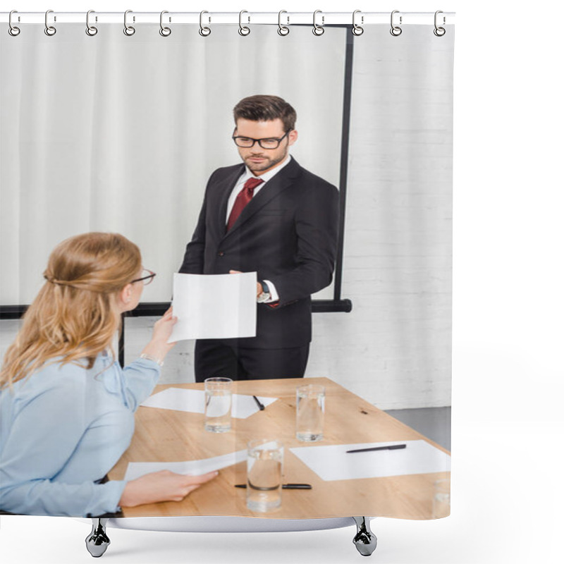 Personality  Boss Taking Papers From Manager At Conference Hall During Meeting Shower Curtains