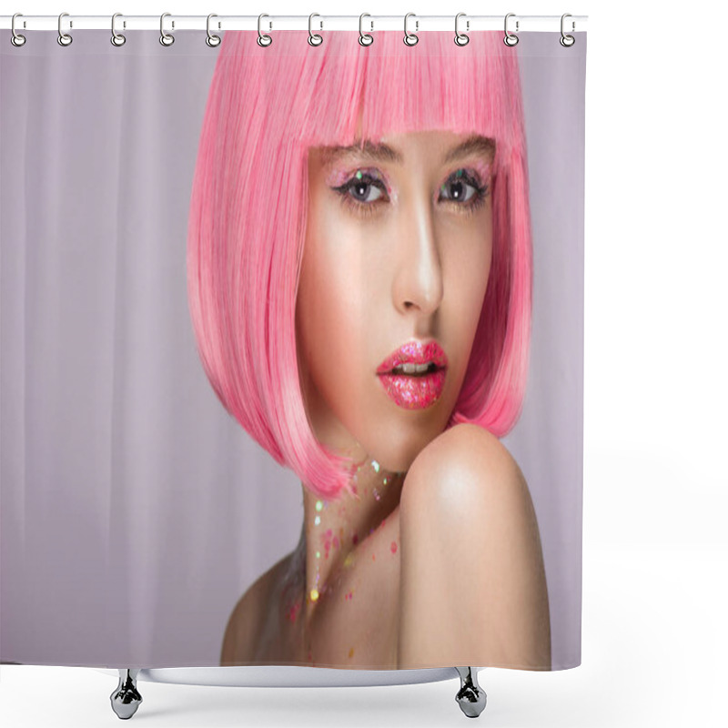 Personality  Attractive Woman Posing With Pink Hair And Glitter On Face Isolated On Violet Shower Curtains