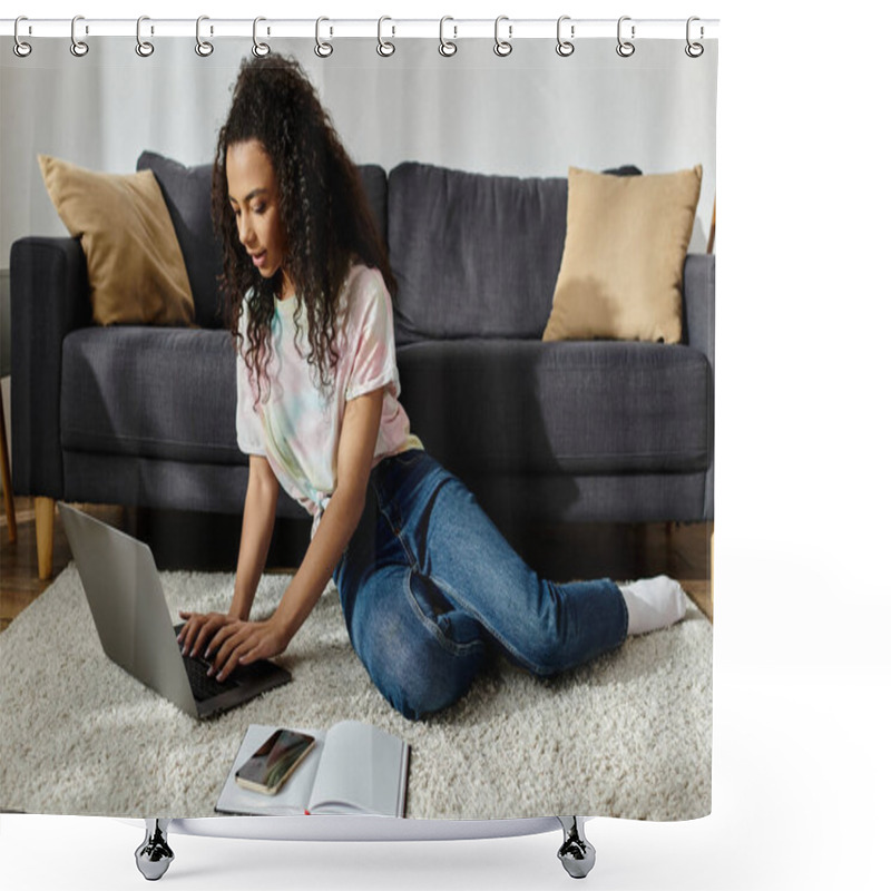 Personality  Woman In Peaceful Setting, Using Laptop. Shower Curtains