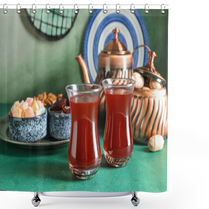 Personality  Composition With Tasty Turkish Tea On Table Shower Curtains